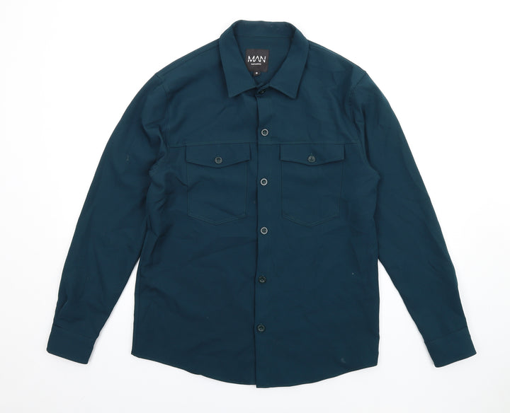 Boohoo Mens Green Polyester Button-Up Size S Collared Button