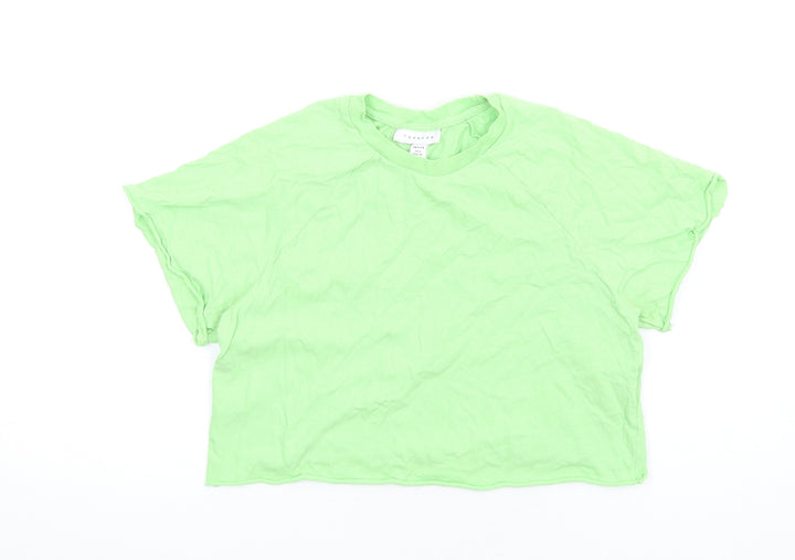 Topshop Womens Green Cotton Cropped T-Shirt Size 6 Round Neck