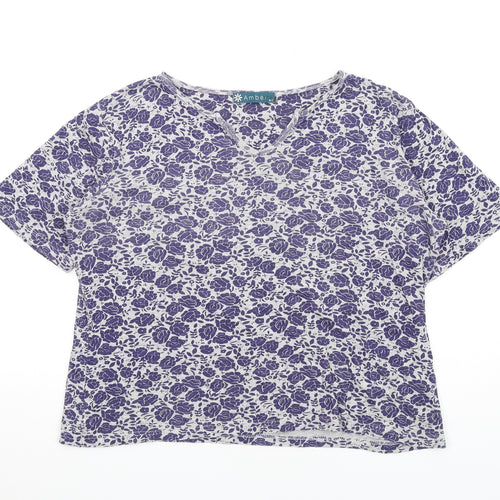 Amber Womens Grey Floral Cotton Basic T-Shirt Size 16 V-Neck