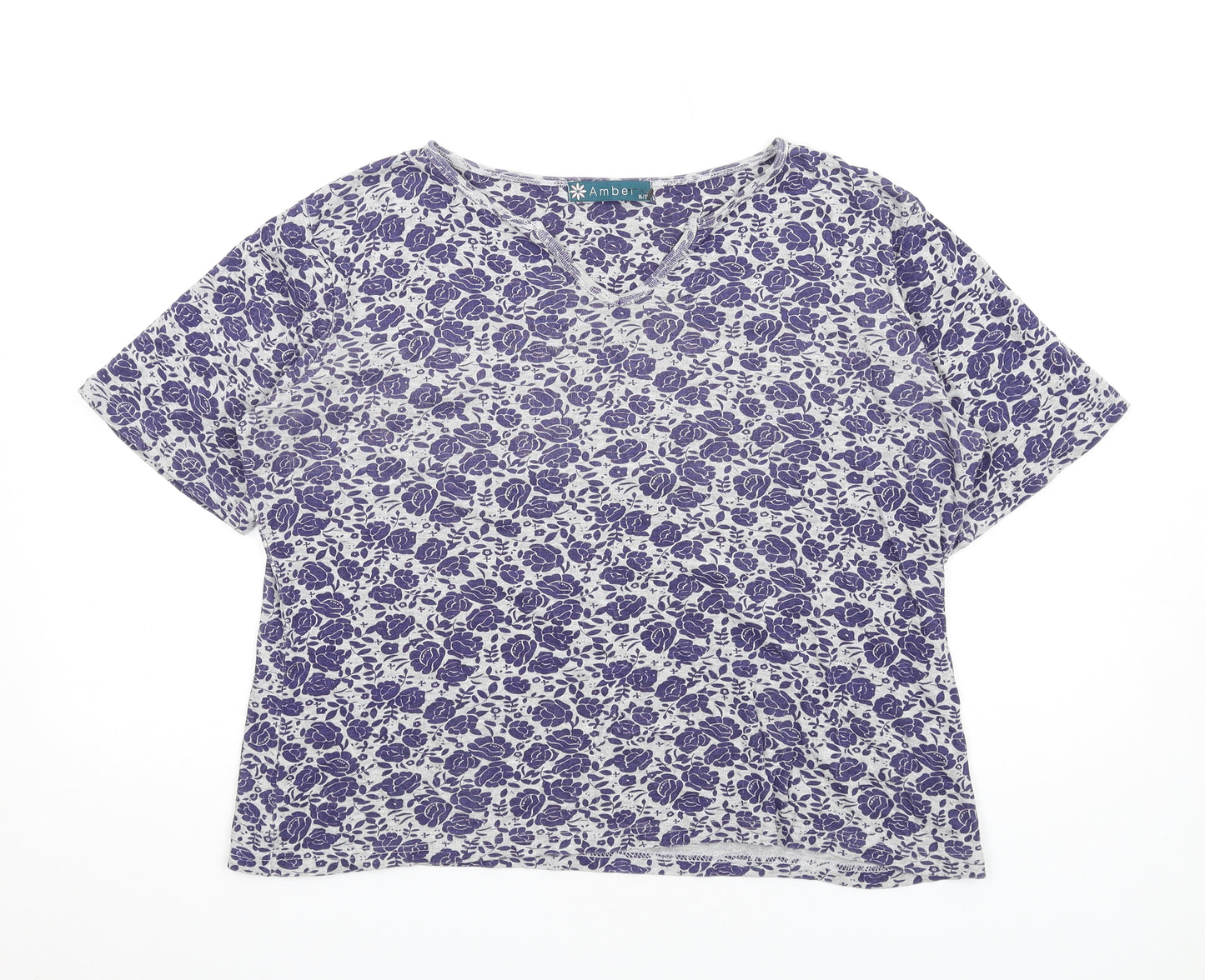 Amber Womens Grey Floral Cotton Basic T-Shirt Size 16 V-Neck