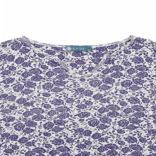 Amber Womens Grey Floral Cotton Basic T-Shirt Size 16 V-Neck