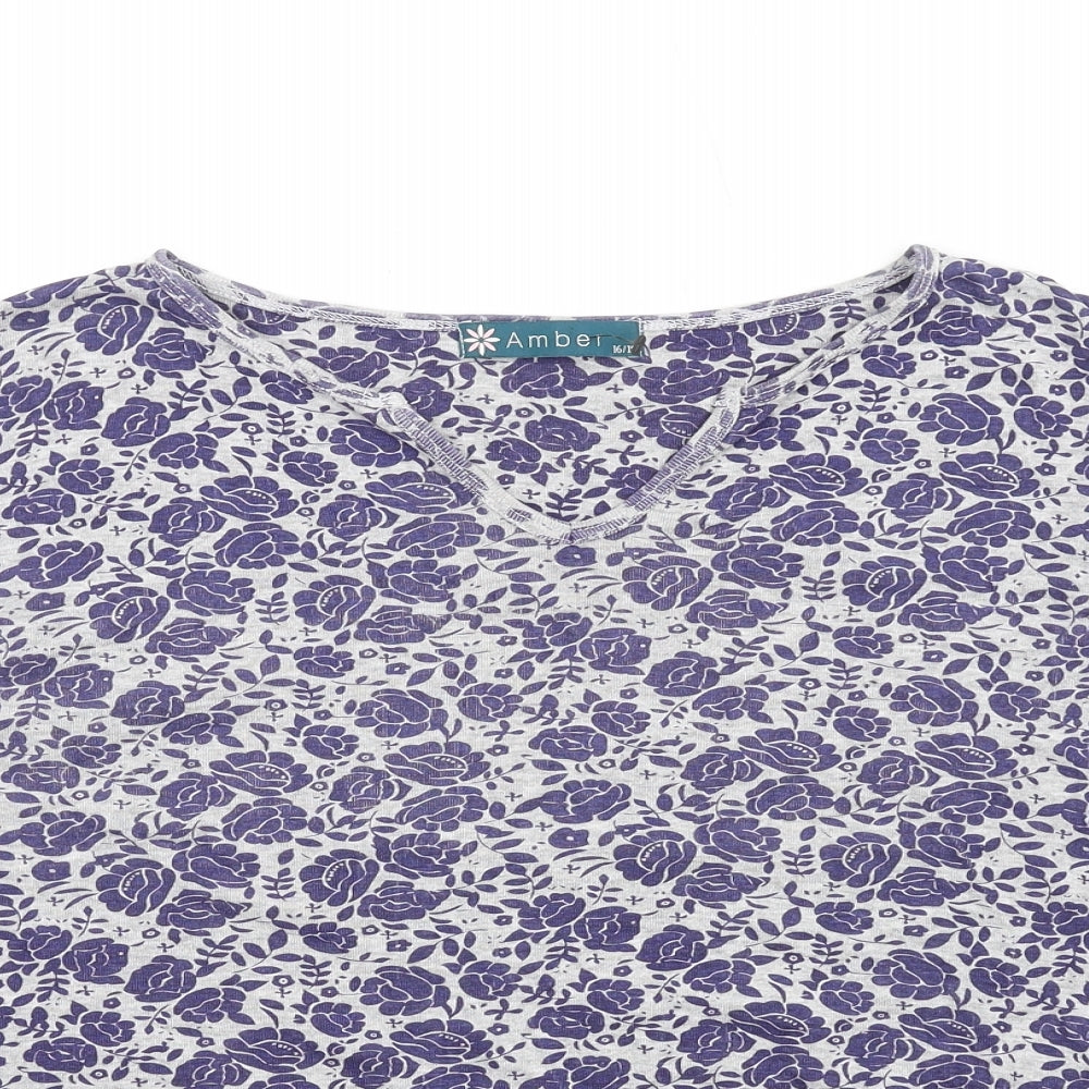Amber Womens Grey Floral Cotton Basic T-Shirt Size 16 V-Neck