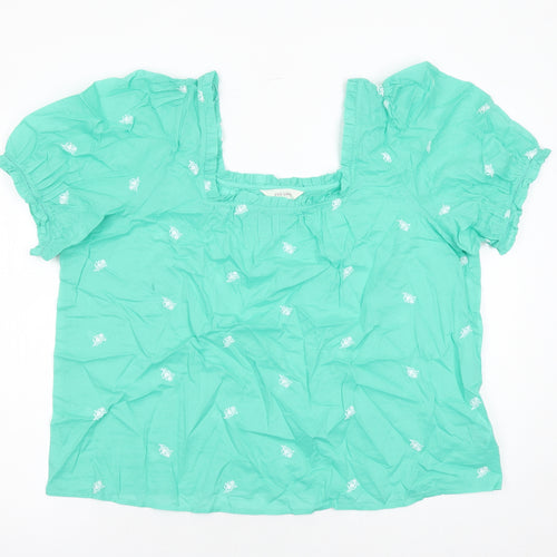 Per Una Womens Green Floral 100% Cotton Basic Blouse Size 20 Square Neck - Embroidered Detail