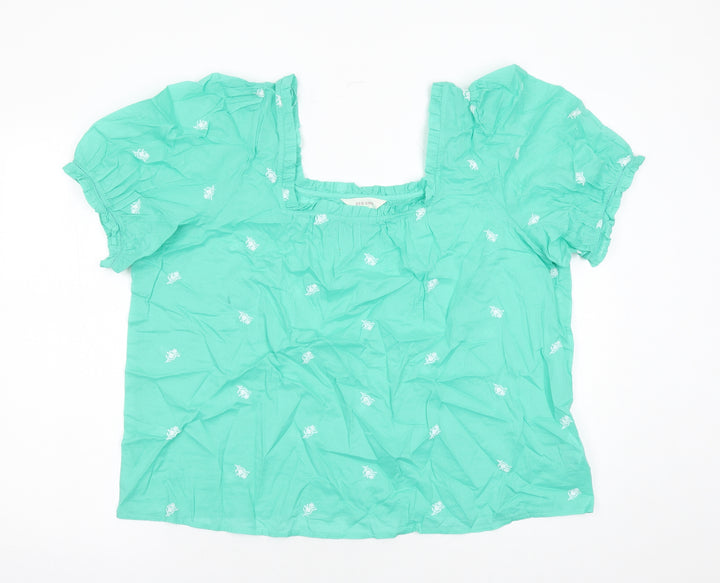 Per Una Womens Green Floral 100% Cotton Basic Blouse Size 20 Square Neck - Embroidered Detail