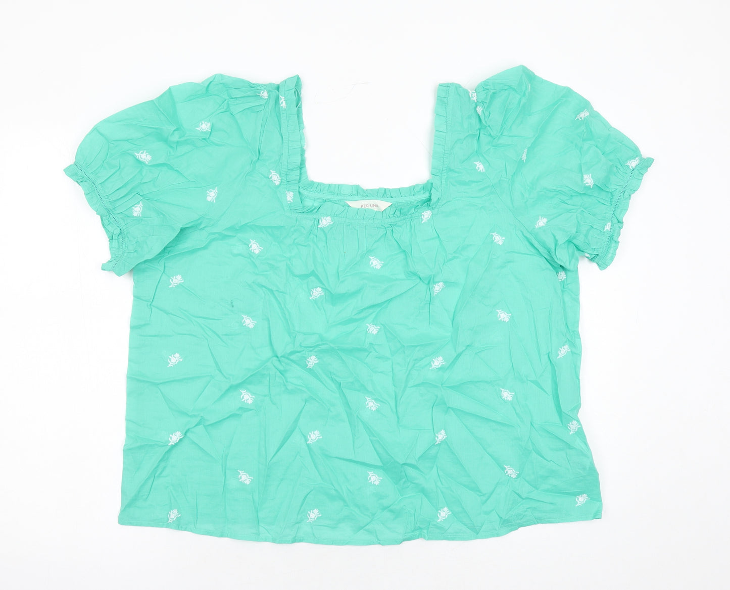 Per Una Womens Green Floral 100% Cotton Basic Blouse Size 20 Square Neck - Embroidered Detail