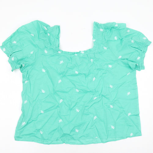 Per Una Womens Green Floral 100% Cotton Basic Blouse Size 20 Square Neck - Embroidered Detail