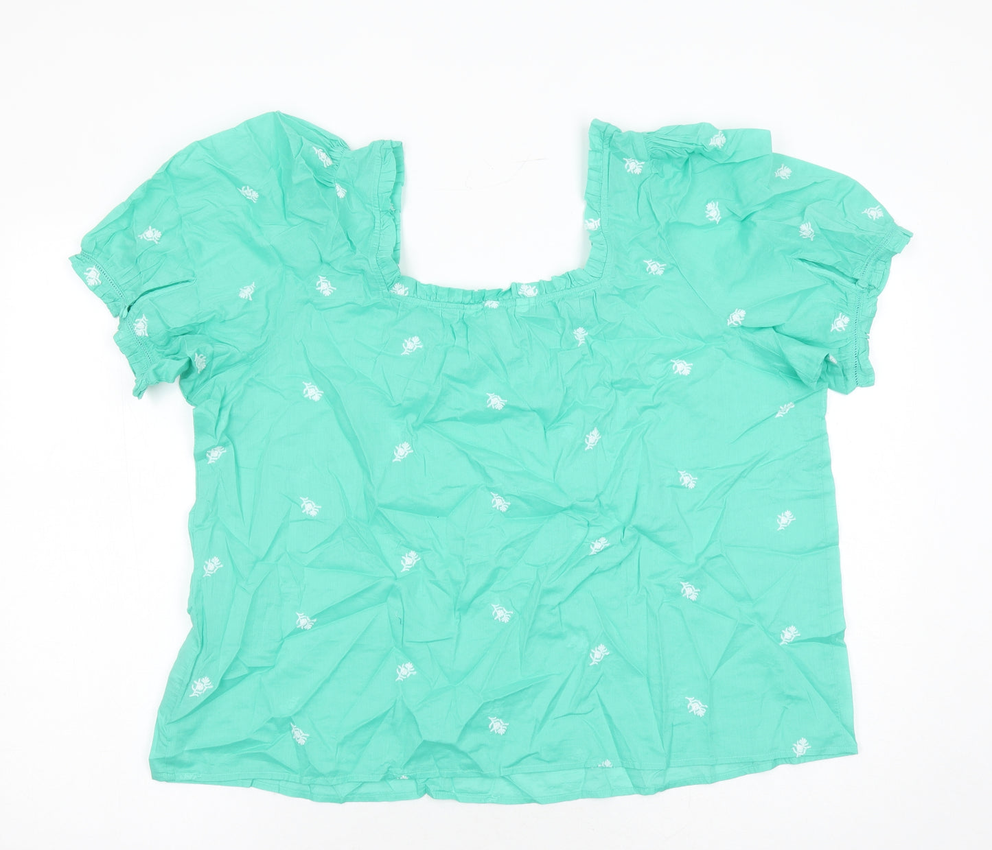 Per Una Womens Green Floral 100% Cotton Basic Blouse Size 20 Square Neck - Embroidered Detail