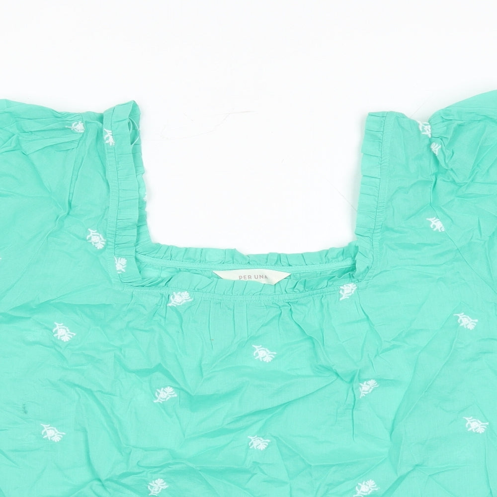 Per Una Womens Green Floral 100% Cotton Basic Blouse Size 20 Square Neck - Embroidered Detail