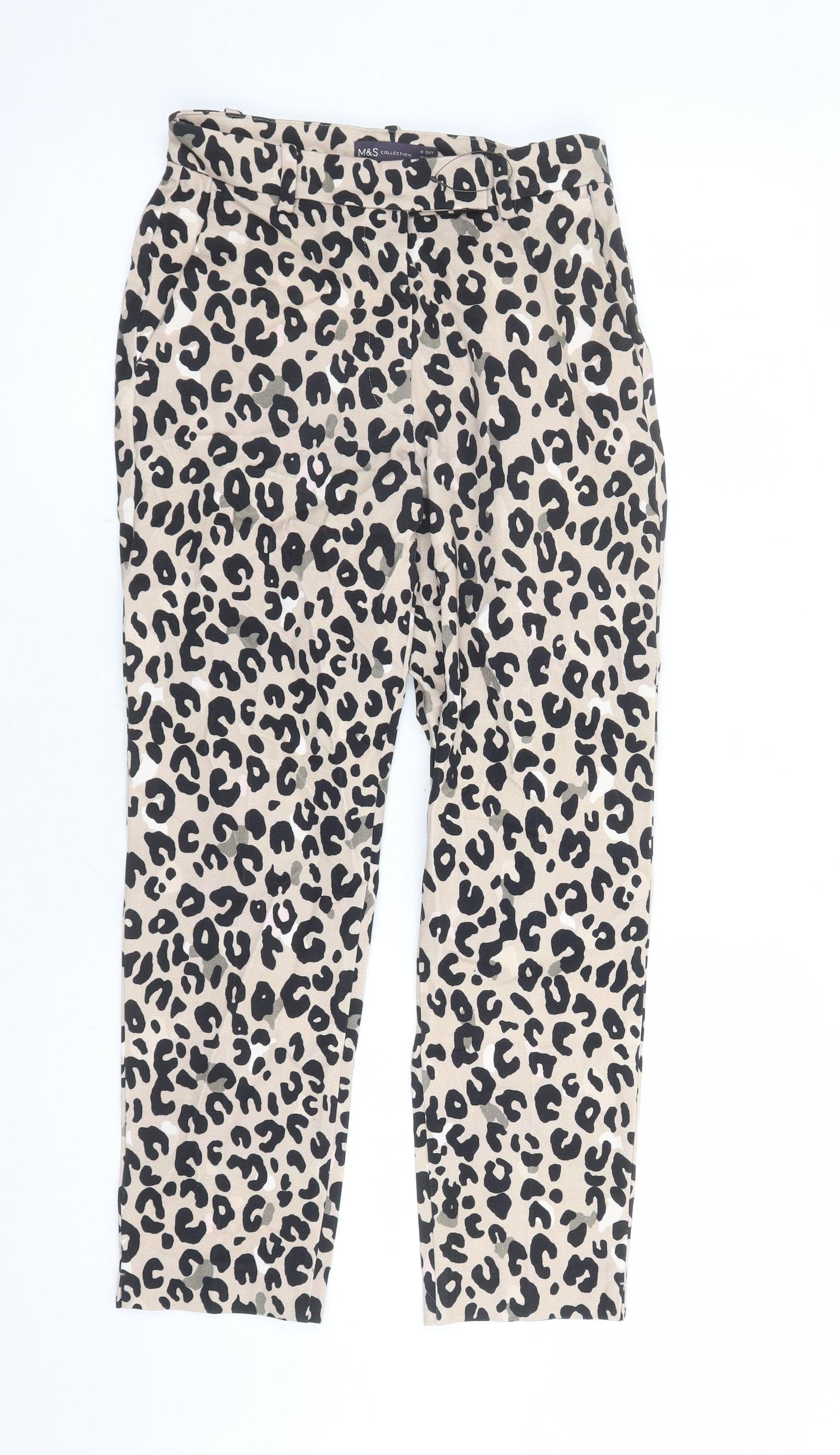 Marks and Spencer Womens Brown Animal Print Viscose Capri Trousers Size 6 L24 in Regular Zip - Leopard Pattern