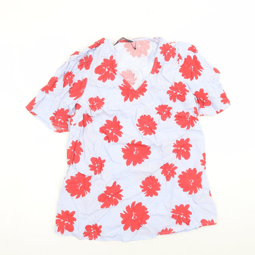 Marks and Spencer Womens Blue Floral Viscose Basic Blouse Size 6 V-Neck