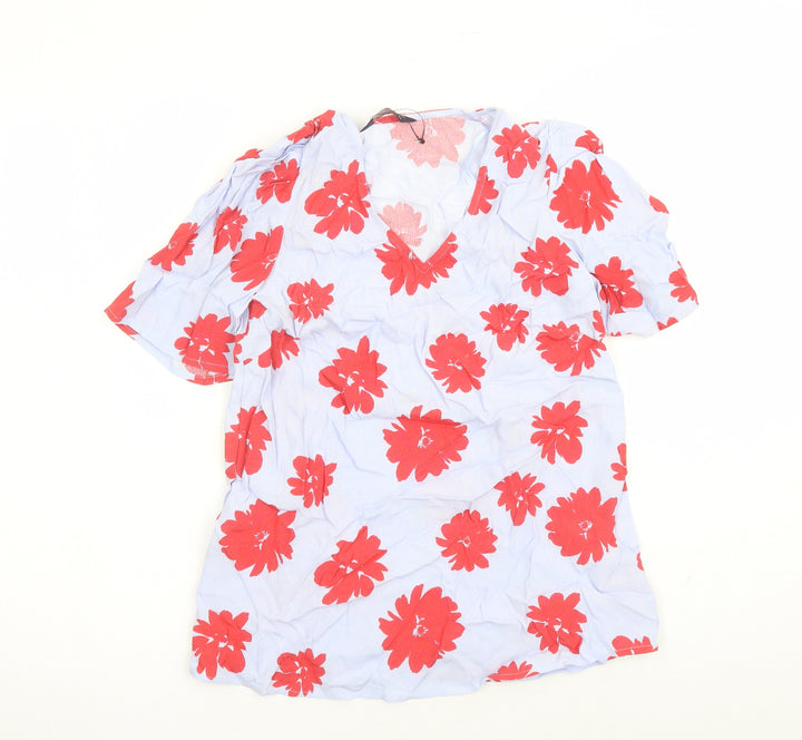 Marks and Spencer Womens Blue Floral Viscose Basic Blouse Size 6 V-Neck