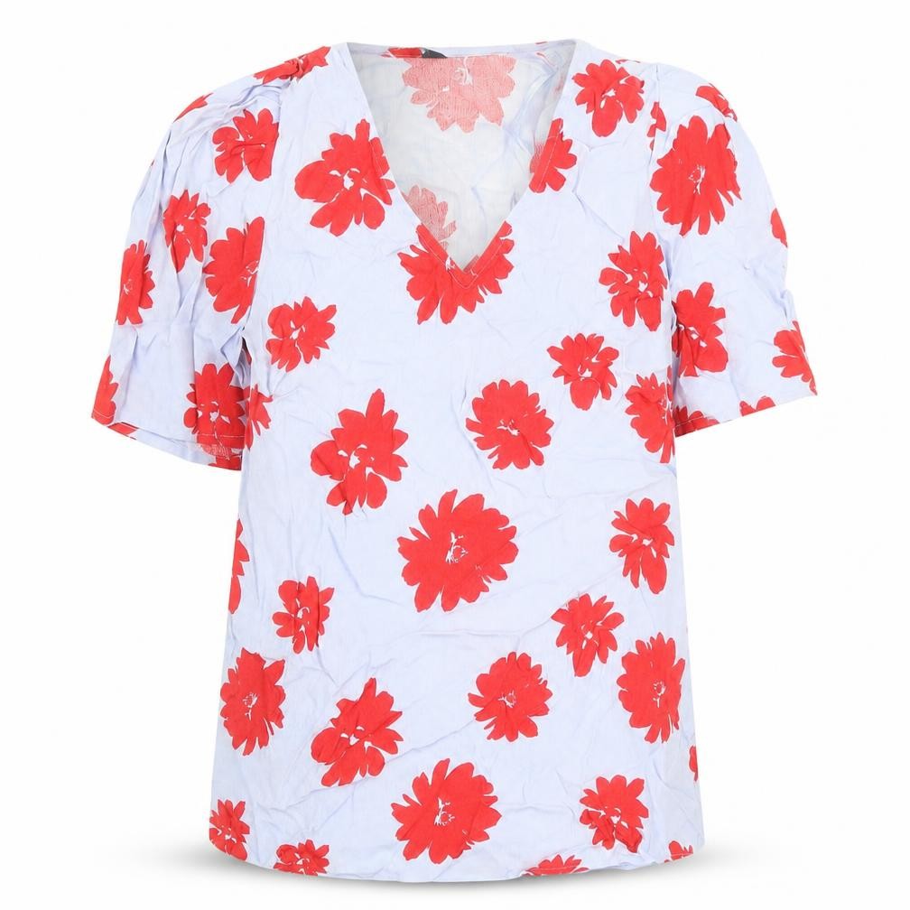 Front view of Marks & Spencer women’s blue floral viscose basic blouse, size UK 6, v-neck