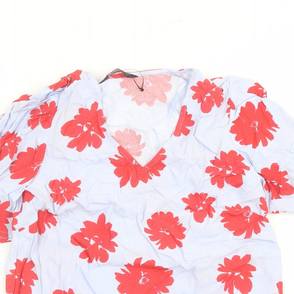Marks and Spencer Womens Blue Floral Viscose Basic Blouse Size 6 V-Neck