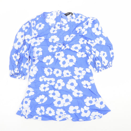 Marks and Spencer Womens Blue Floral Viscose Basic Blouse Size 6 Round Neck