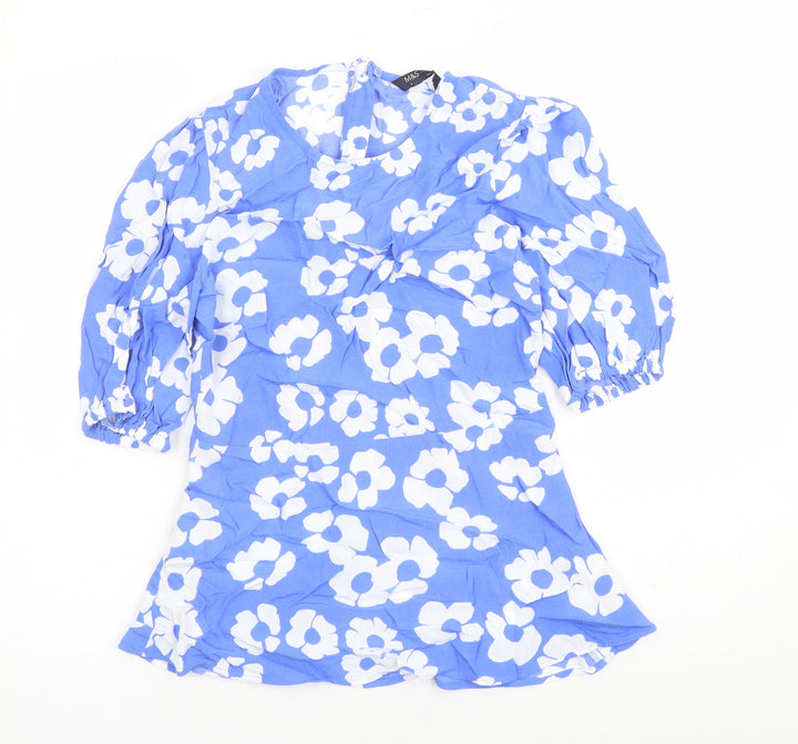 Marks and Spencer Womens Blue Floral Viscose Basic Blouse Size 6 Round Neck