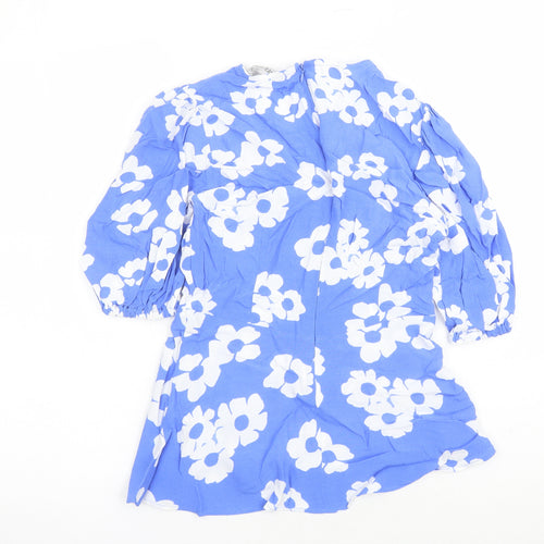 Marks and Spencer Womens Blue Floral Viscose Basic Blouse Size 6 Round Neck