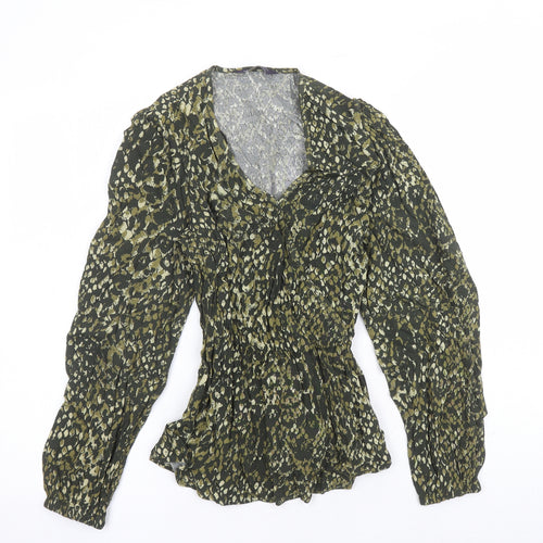 Marks and Spencer Womens Green Geometric Viscose Basic Blouse Size 6 V-Neck - Belted