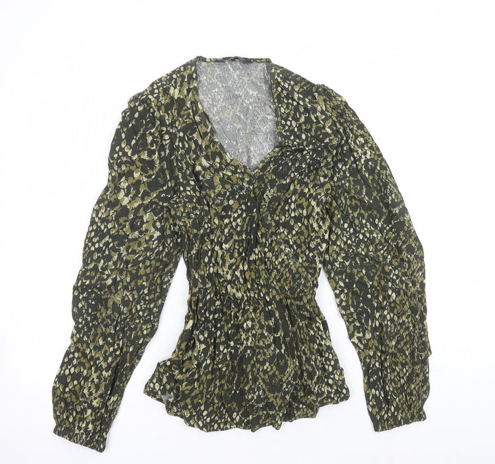 Marks and Spencer Womens Green Geometric Viscose Basic Blouse Size 6 V-Neck - Belted