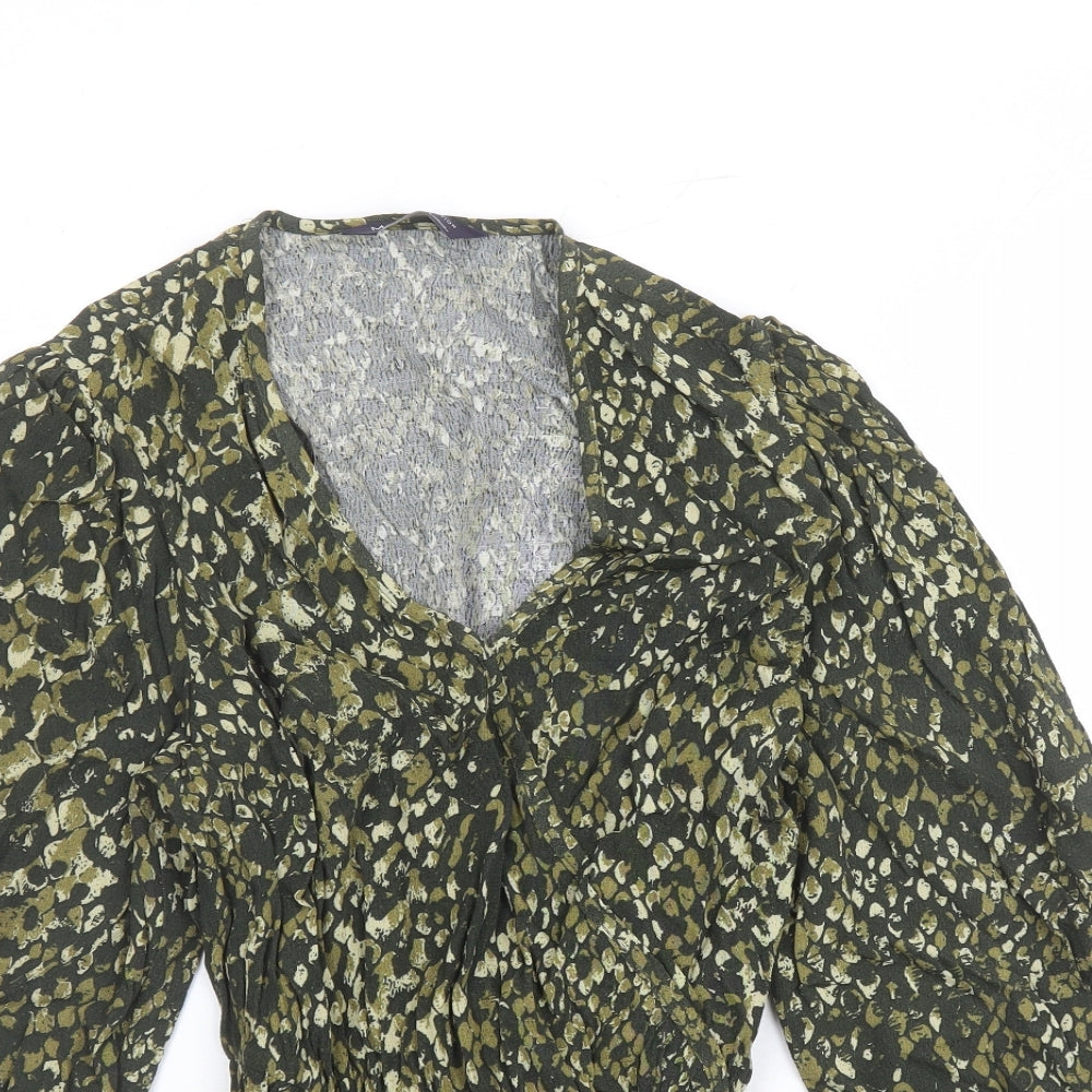 Marks and Spencer Womens Green Geometric Viscose Basic Blouse Size 6 V-Neck - Belted