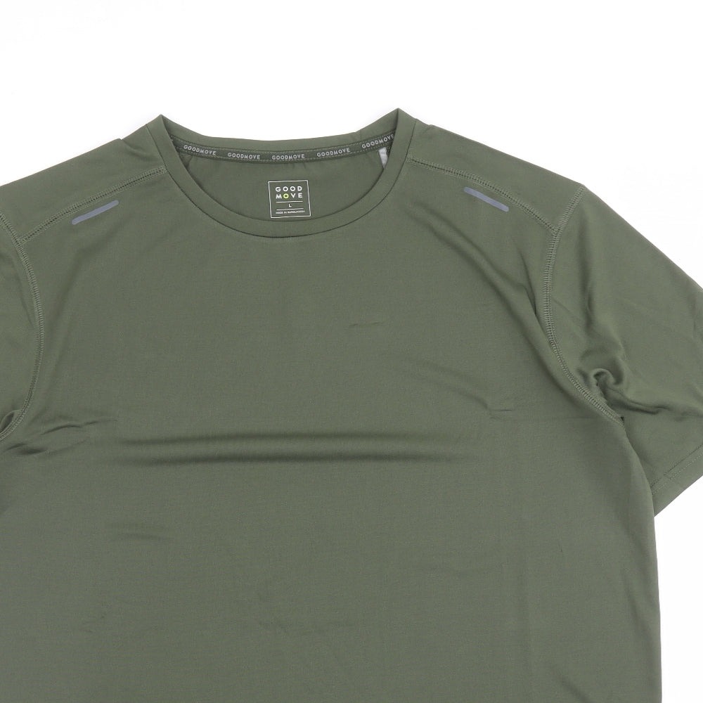 GOODMOVE Mens Green Polyester Basic T-Shirt Size L Crew Neck Pullover