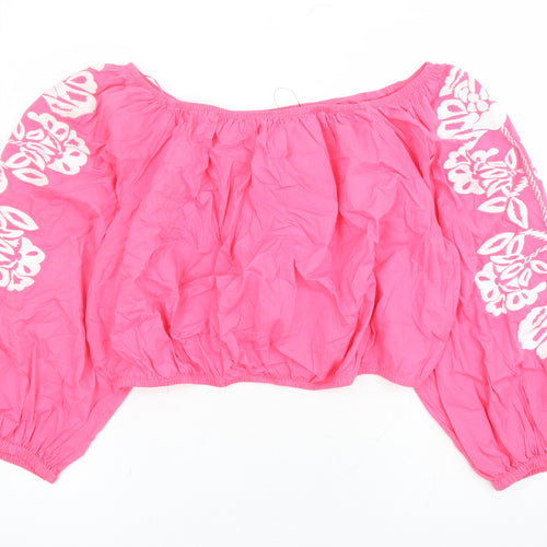 Marks and Spencer Womens Pink Cotton Cropped Blouse Size 22 Boat Neck - Embroidered Detail