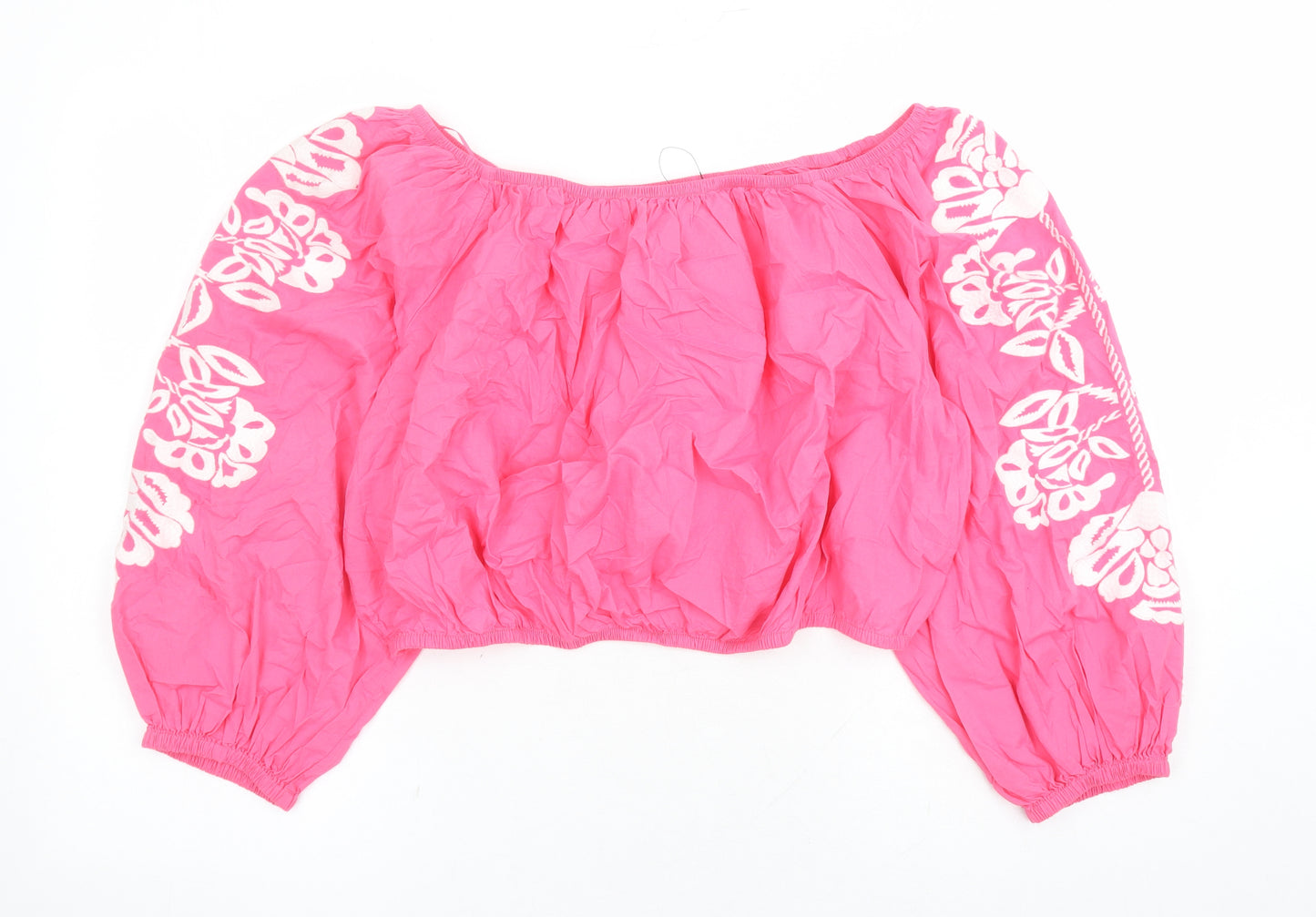 Marks and Spencer Womens Pink Cotton Cropped Blouse Size 22 Boat Neck - Embroidered Detail