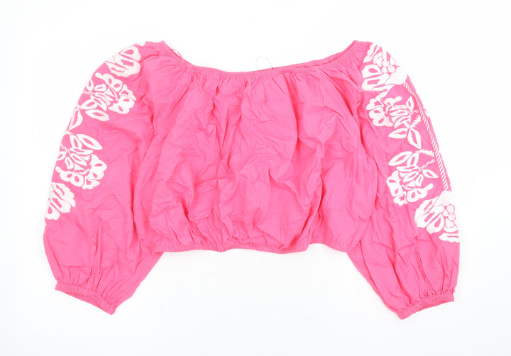 Marks and Spencer Womens Pink Cotton Cropped Blouse Size 22 Boat Neck - Embroidered Detail
