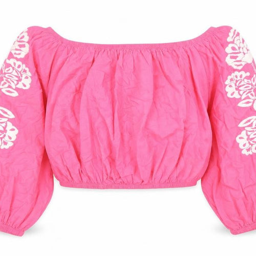 Marks and Spencer Womens Pink Cotton Cropped Blouse Size 22 Boat Neck - Embroidered Detail