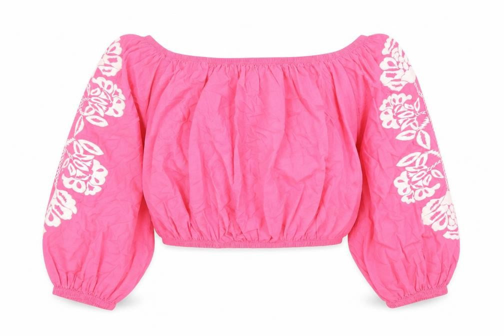 Marks and Spencer Womens Pink Cotton Cropped Blouse Size 22 Boat Neck - Embroidered Detail