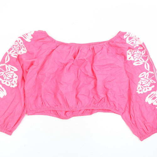 Marks and Spencer Womens Pink Cotton Cropped Blouse Size 22 Boat Neck - Embroidered Detail