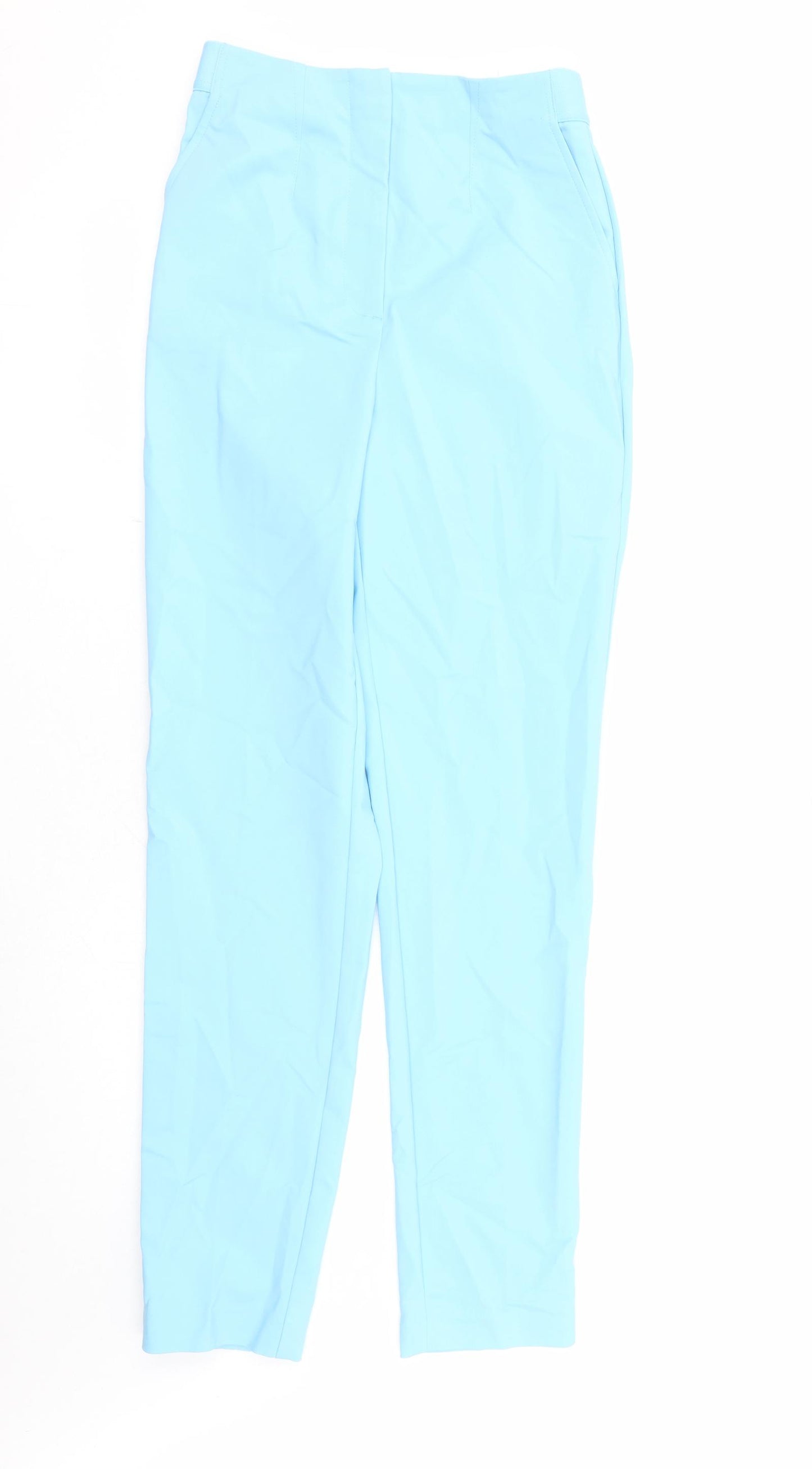 Marks and Spencer Womens Blue Cotton Trousers Size 8 L31 in Regular Zip - Elasticated Waist Ankle Grazer