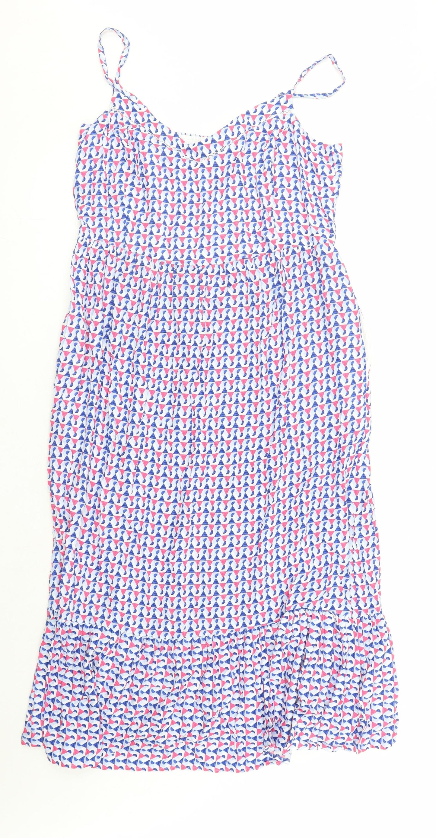 Marks and Spencer Womens Blue Geometric Viscose Slip Dress Size 14 V-Neck Pullover