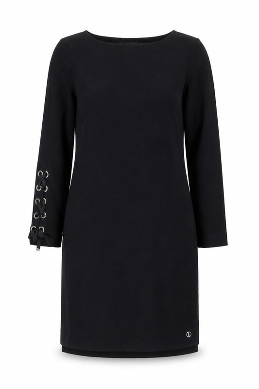 Front view of Simple women’s black polyester a-line, size L, boat neck pullover - lined