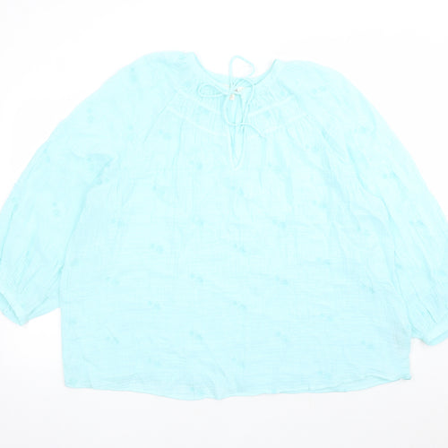 Per Una Womens Blue Cotton Basic Blouse Size 22 Round Neck - Embroidered Flowers Keyhole Neckline