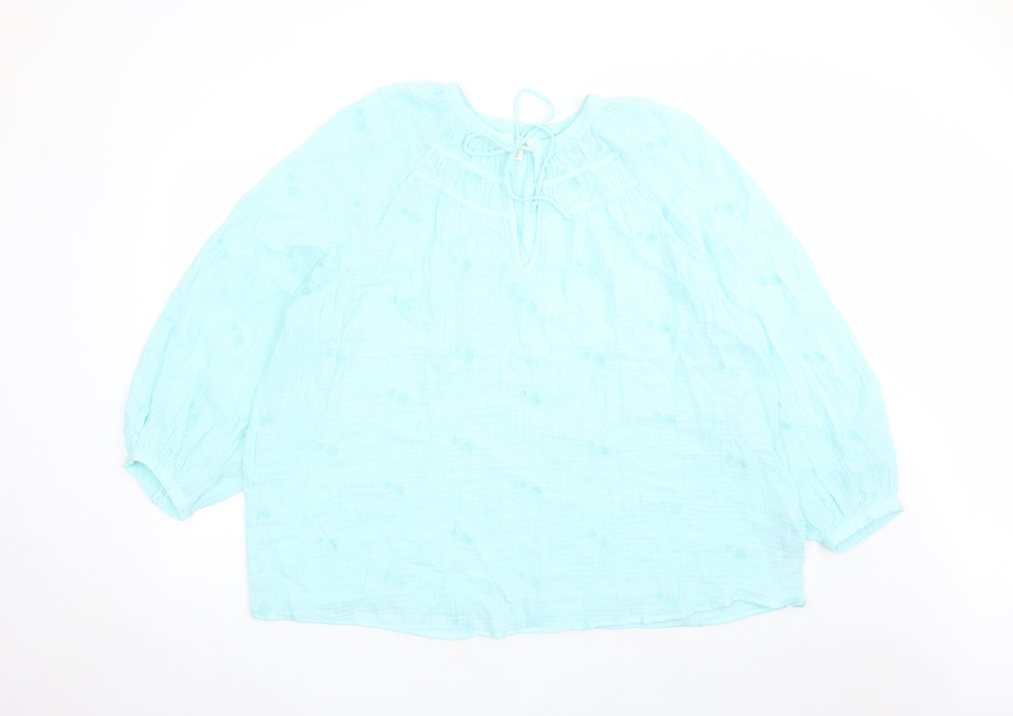 Per Una Womens Blue Cotton Basic Blouse Size 22 Round Neck - Embroidered Flowers Keyhole Neckline