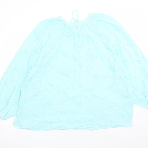 Per Una Womens Blue Cotton Basic Blouse Size 22 Round Neck - Embroidered Flowers Keyhole Neckline