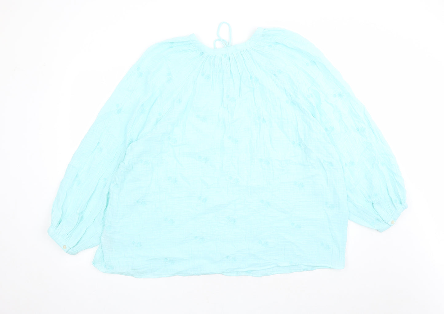 Per Una Womens Blue Cotton Basic Blouse Size 22 Round Neck - Embroidered Flowers Keyhole Neckline