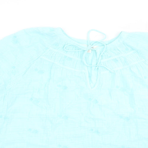 Per Una Womens Blue Cotton Basic Blouse Size 22 Round Neck - Embroidered Flowers Keyhole Neckline