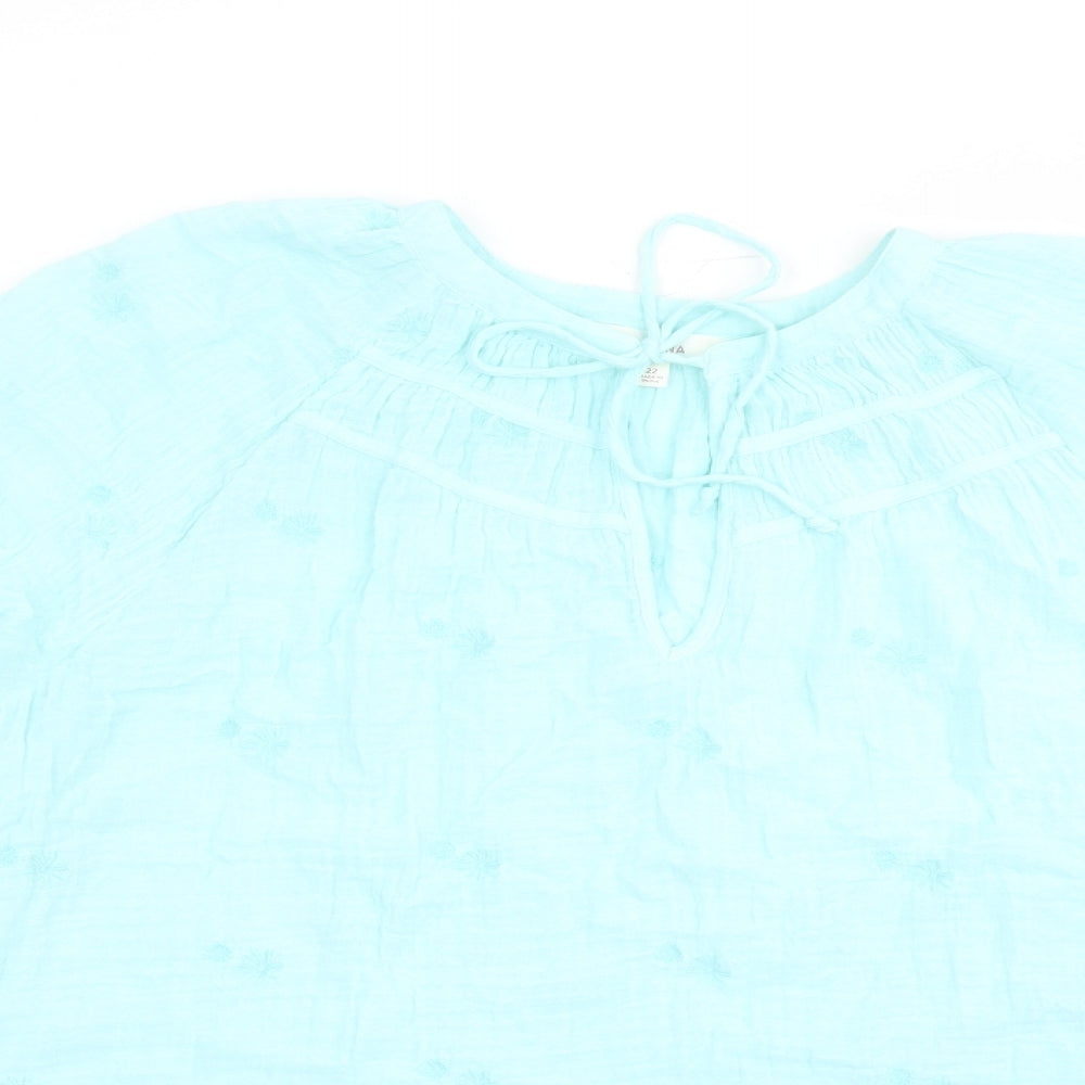 Per Una Womens Blue Cotton Basic Blouse Size 22 Round Neck - Embroidered Flowers Keyhole Neckline