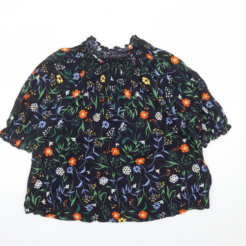 Marks and Spencer Womens Blue Floral Viscose Basic Blouse Size 14 Round Neck