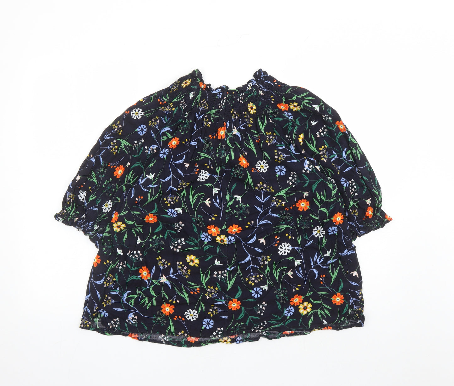 Marks and Spencer Womens Blue Floral Viscose Basic Blouse Size 14 Round Neck