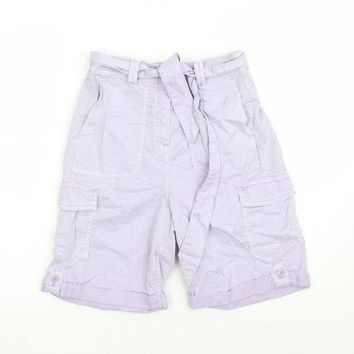 Marks and Spencer Womens Purple Lyocell Cargo Shorts Size 8 L7 in Regular Zip - Elasticated Waist Belted