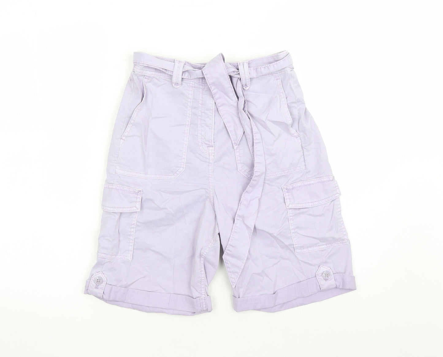 Marks and Spencer Womens Purple Lyocell Cargo Shorts Size 8 L7 in Regular Zip - Elasticated Waist Belted