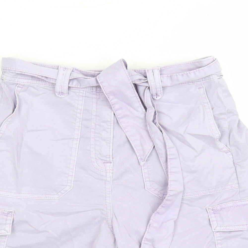 Marks and Spencer Womens Purple Lyocell Cargo Shorts Size 8 L7 in Regular Zip - Elasticated Waist Belted