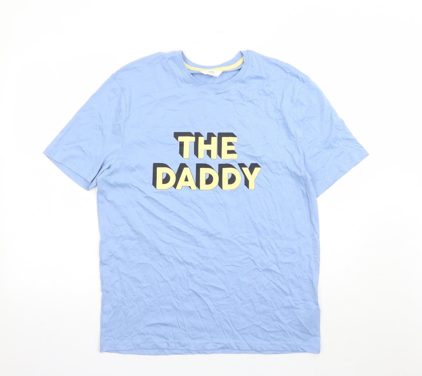 Marks and Spencer Mens Blue Solid Cotton Pyjama Top Size M Pullover - The Daddy