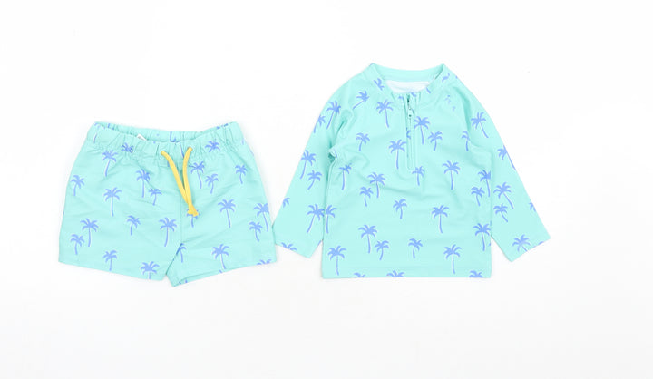 Marks and Spencer Boys Blue Geometric Polyester Shorts Set Outfit/Set Size 3-6 Months Zip - Swim Set Palm Tree
