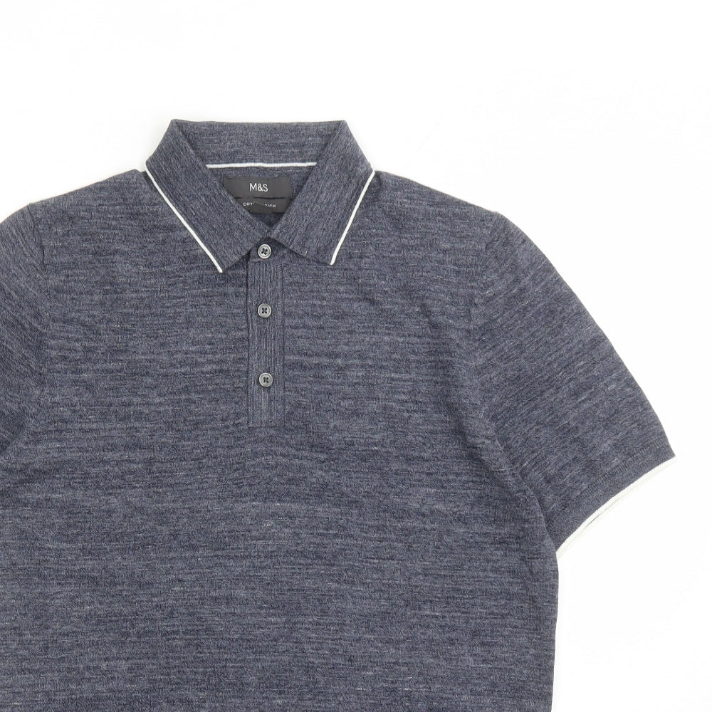 Marks and Spencer Mens Blue Cotton Polo Size S Collared Button