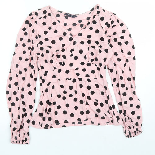 Marks and Spencer Womens Pink Polka Dot Viscose Basic Blouse Size 6 V-Neck