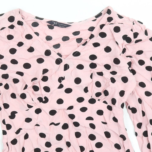 Marks and Spencer Womens Pink Polka Dot Viscose Basic Blouse Size 6 V-Neck