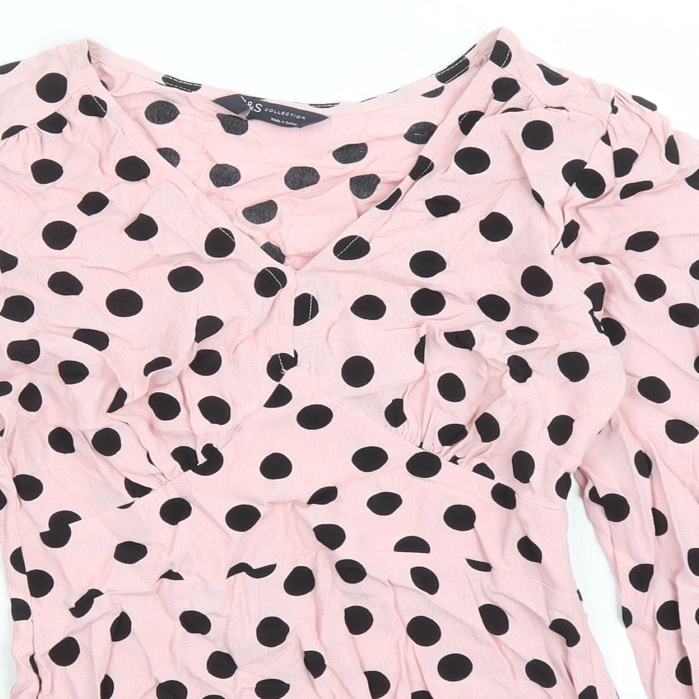 Marks and Spencer Womens Pink Polka Dot Viscose Basic Blouse Size 6 V-Neck
